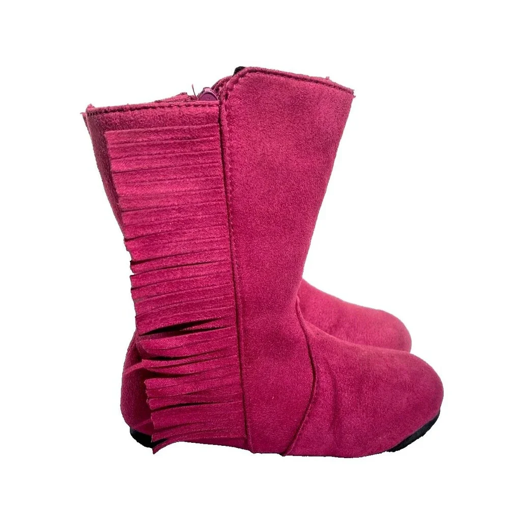 Toddler Girl's Hot Pink Fringe Boots Soft Suede Flat Zipper Pull-On -Size 7/8 T